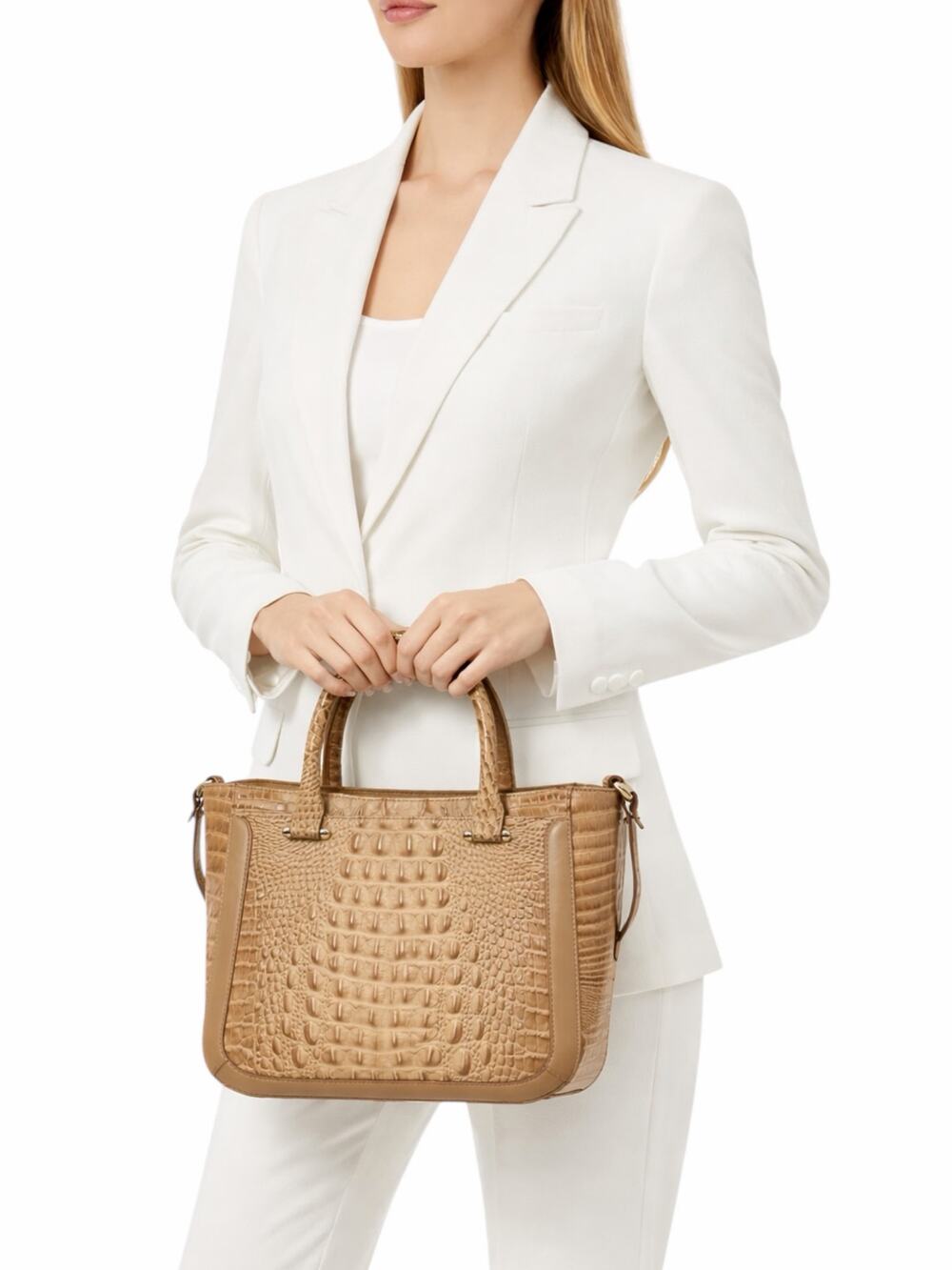 Brahmin Small Lena Satchel Bag Travertine Brevik Croc Embossed Suede Tan